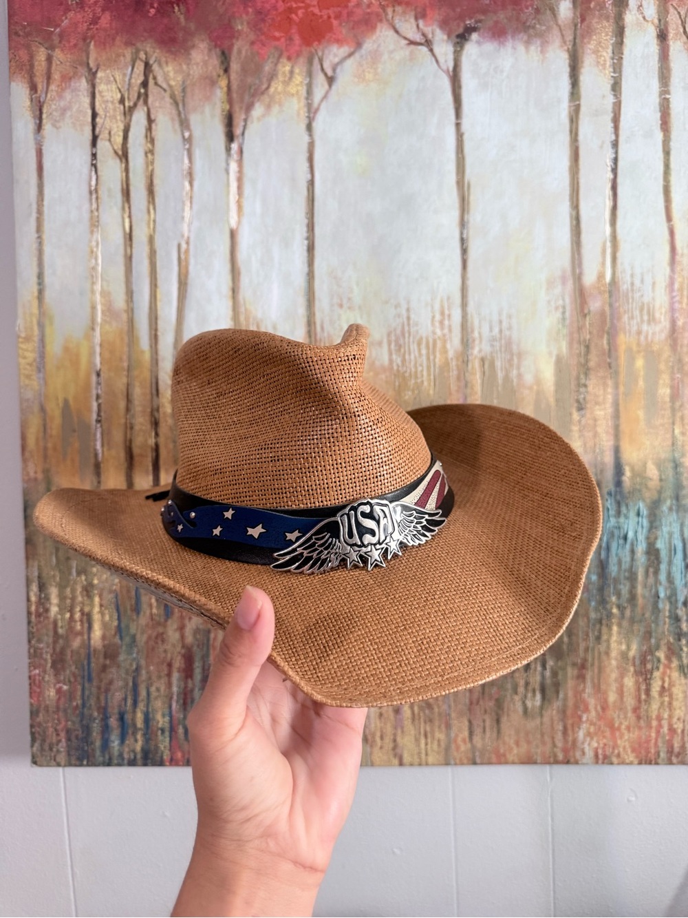 Tan Straw Cowboy Hat with USA Star Band Accent